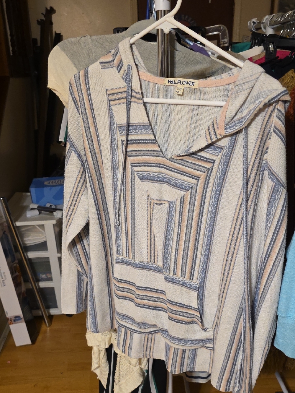 Wallflower Cream, Blue & Tan Striped Hooded Pullover
